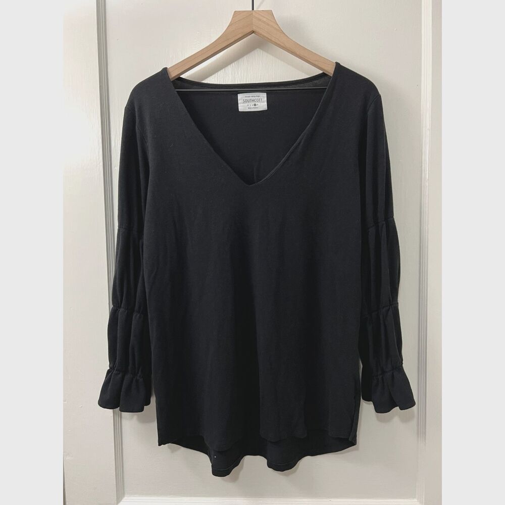 Southcott Women's Black V Neck Top Long Sleeve Bamboo Rayon Cotton Size 3 - L